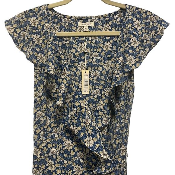 New Max Studio Blue Floral Sleeveless Wrap Dress Women’s Size Large Hi Low - Picture 2 of 7